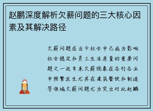 赵鹏深度解析欠薪问题的三大核心因素及其解决路径